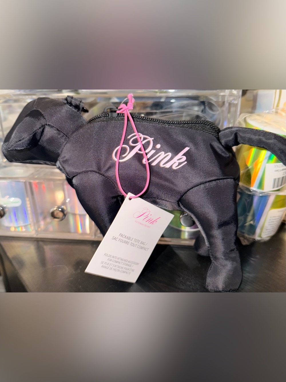 PINK Black Satin Dog Shaped Reusable Tote NWT A60